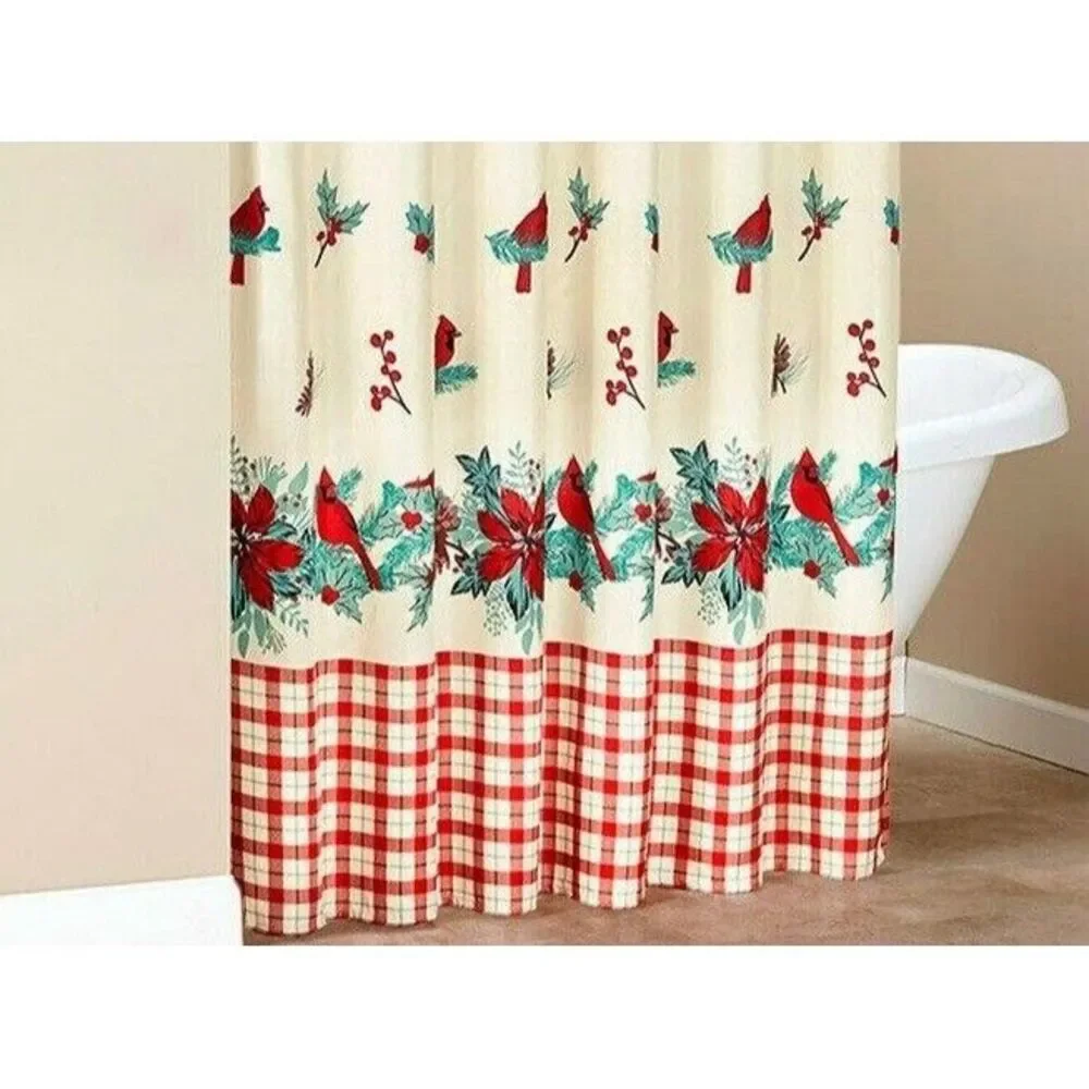 Cardinal Plaid Fabric Shower Curtain Holly Berry Poinsettia Red Bird Holiday NEW